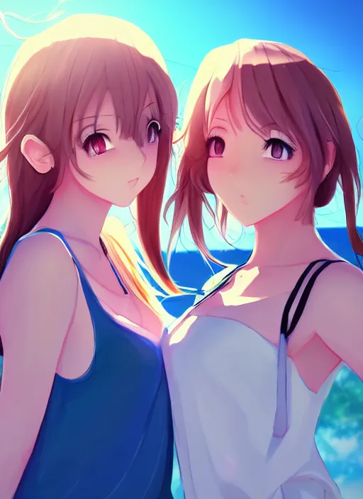 Image similar to two beautiful women under a blue sky, casual summer clothes, gorgeous faces, thick lines, cinematic lighting, detailed anime art