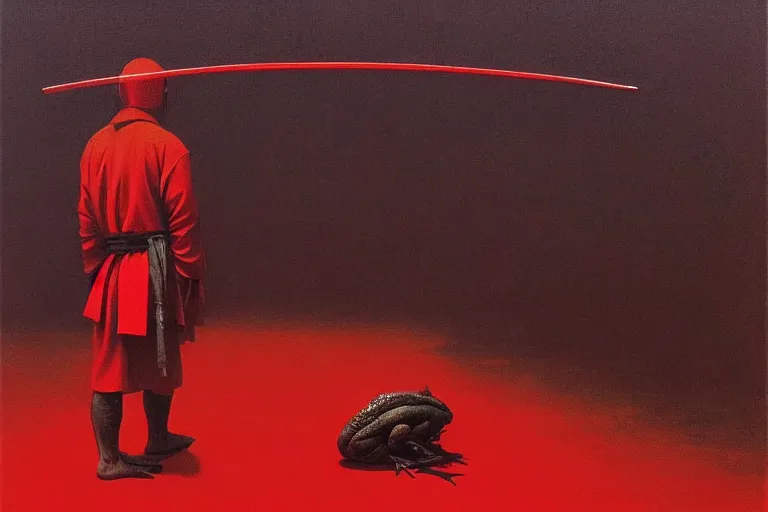 Image similar to only with red, a red samurai harakiri, tokio, a lot of frogs watch, in the style of beksinski, parts by edward hopper, parts by rodcenko, parts by yue minjun, intricate and epic composition, red by caravaggio, insanely quality, highly detailed, masterpiece, red light, artstation, 4 k