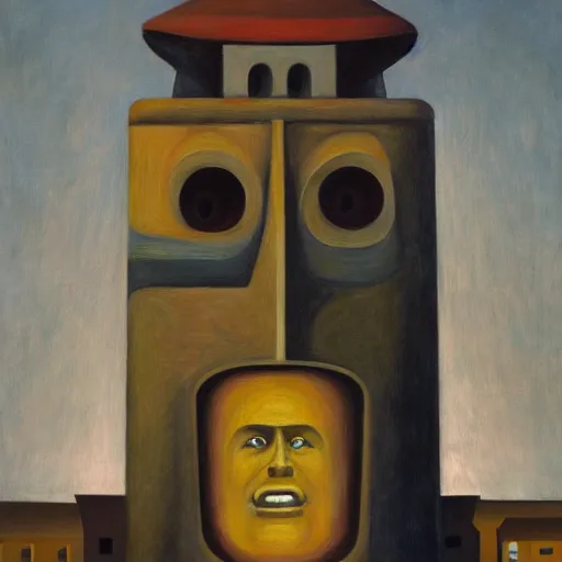 Image similar to brutalist giant sacred robot visage, portrait, cathedral, dystopian, pj crook, edward hopper, oil on canvas