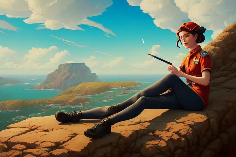 Prompt: a painting of a military woman sitting on a cliff, smoking a cigarette, a character portrait bytom bagshaw, rhads, makoto shinkai, lois van baarle, ilya kuvshinov, and rossdraws, global illumination, cg society, fantastic realism, intricate, detailed