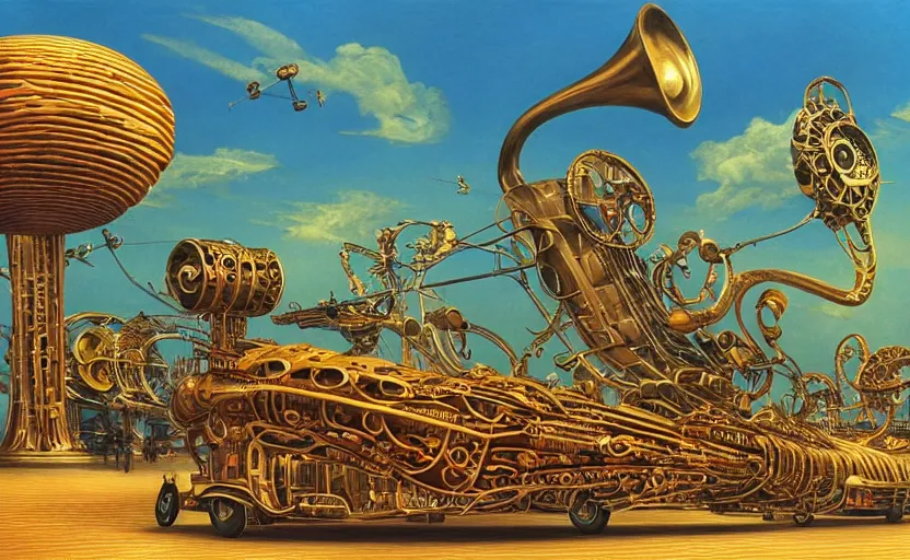 Prompt: “a singular psychedelic steampunk music machine made of intricate guitars pianos saxophones drums and synths, by Vladimir kush , by Roger dean, By syd mead, by josip csoor, 8k resolution, realistic shadows, 3D, rendered in octane, volumetric lighting, hyper detailed, photorealistic, psychedelic”