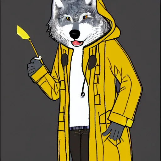 Image similar to lineart of a silly grey wolf wearing a yellow raincoat