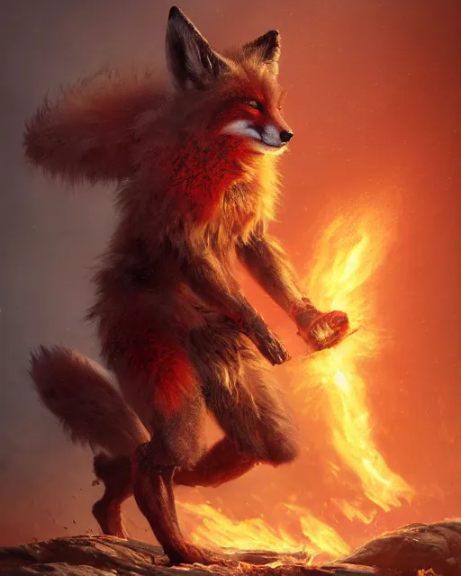 Image similar to oil painting of Angry Anthropomorphized Fox Berserker, wearing red fur, claws, sharp focus, attack pose, fantasy style, octane render, volumetric lighting, 8k high definition, by greg rutkowski, highly detailed, trending on art Station, magic the gathering artwork, burning Battlefield background, centered