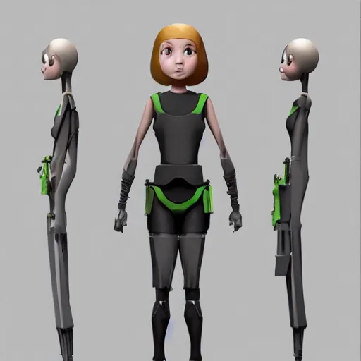 Image similar to a 3 d concept art of a armed sci - if girl by pixar studio.