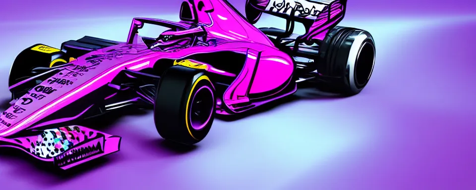 Image similar to abstract illustration of a formula one car, synthwave, purple and pink, motion blur, light streaks, octane render, depth of field