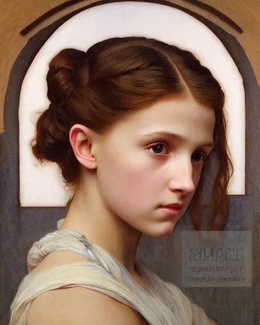 Image similar to a window - lit realistic portrait painting of a thoughtful girl resembling a young, shy, redheaded alicia vikander or millie bobby brown as an ornately dressed princess from the latest star wars movie, highly detailed, intricate, by bouguereau, alphonse mucha, and donato giancola