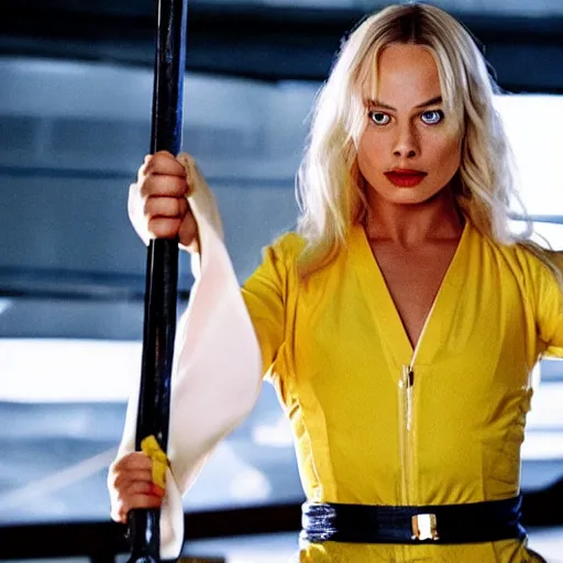 Image similar to margot robbie as kill bill in a swordfight