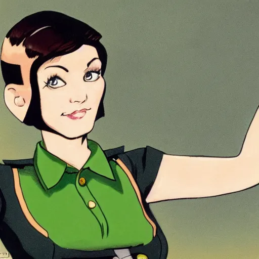 Prompt: brunette woman, short hair, flipped out ends hair, bright green eyes, fascistic military uniform, smirk, cartoon style