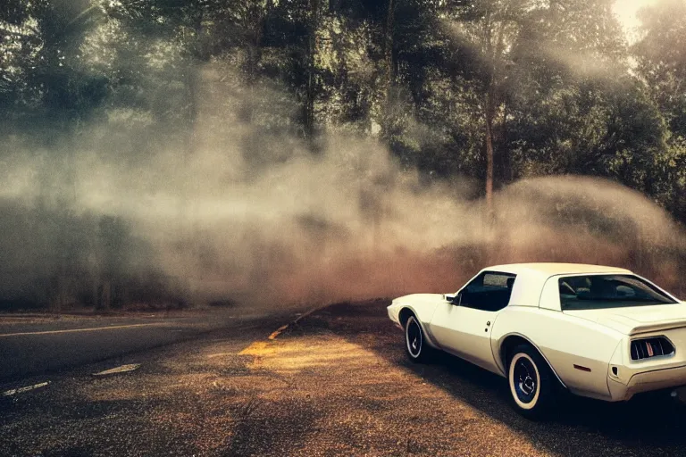 Prompt: pontiac firebird with white paint, cat inside car, sunrise, eerie light, fireflies, dog watching the car, dramatic, cinematic, forest, horror, sunbeams, volumetric lighting, wide shot, low angle, lightning storm hitting the car, ground cracking open to reveal a portal to hell