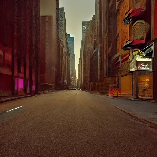 Image similar to color photograph, highly detailed abandoned New York city street at night after the war between humans and AIs, film grain, soft vignette, sigma 85mm f/1.4 1/10 sec shutter, film still promotional image, IMAX 70mm footage