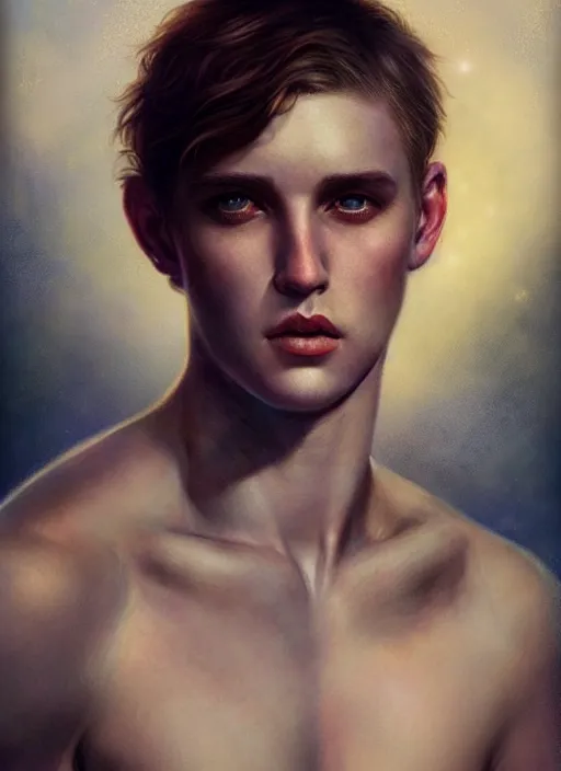 Prompt: a magical portrait of a shirtless white male gang member with beautiful brown eyes and short blond hair, art by manuel sanjulian and tom bagshaw