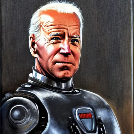 Image similar to joe biden as robocop, realistic oil painting, style of norman rockwell, 8 k, super sharp, ultra detail, rule of thirds,