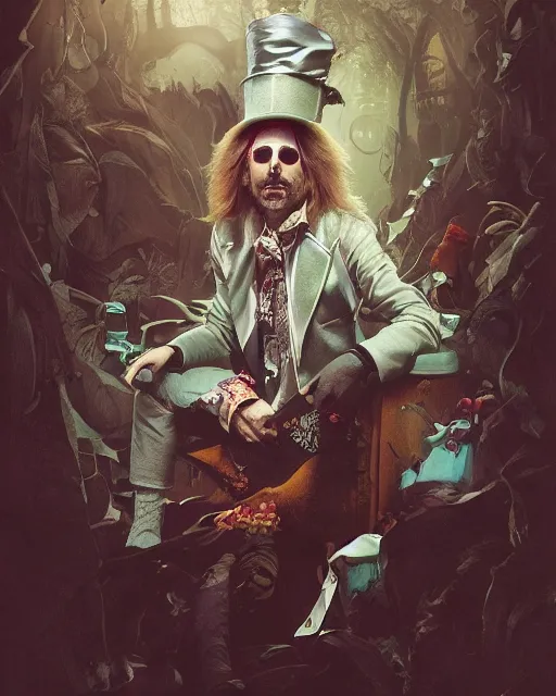 Image similar to tom petty as the mad hatter, contrast, kim jung gi, greg rutkowski, zabrocki, karlkka, jayison devadas, trending on artstation, 8 k, ultra wide angle, zenith view, pincushion lens effect