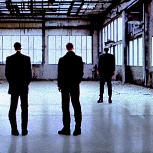 Image similar to replicants standing in an abandoned factory, still from closed circuit tv footage