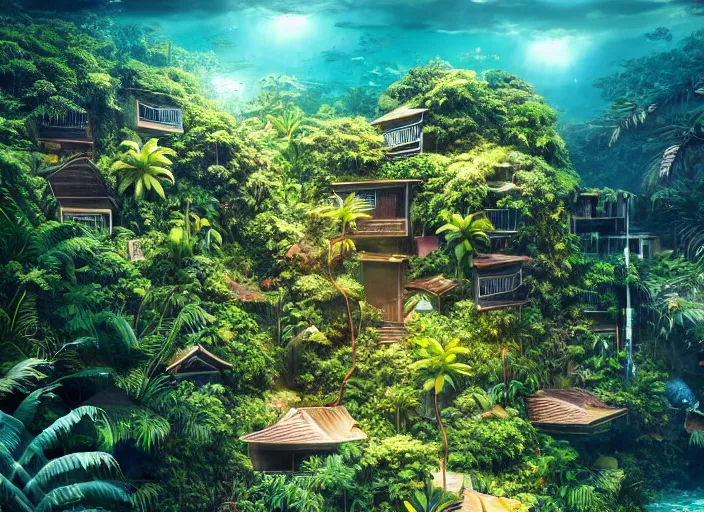 Image similar to overgrown tropical foliage overtaking japanese favela, underwater environment, borealis, scenery, professional, award - winning, trending on artstation, hyper detailed, realistic, beautiful, emotional, shiny, golden, picture