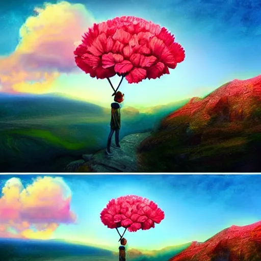 Image similar to giant carnation flower as a head, girl hiking in the mountains, surreal photography, sunrise, dramatic light, impressionist painting, colorful clouds, digital painting, artstation, simon stalenhag