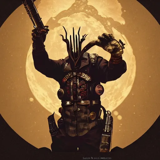 Image similar to an ultra detailed vector image of a big daddy from bioshock dressed as the hunter from bloodborne, concept art by alphonse mucha and greg rutkowski, scary shadows, blood moon eclipse, polaroid octane render, laminal space