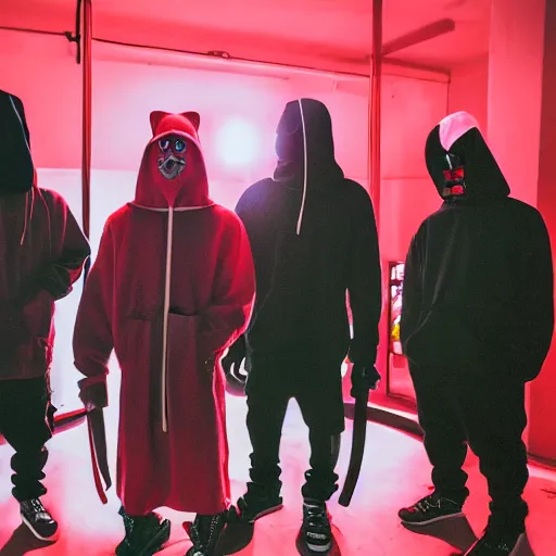 Prompt: five rappers in balaclavas, hoodies, and domino masks stand close together in chiaroscuro lighting. one of them is crucified on a brightly lit cross. blurry photo. bloody red logo on top