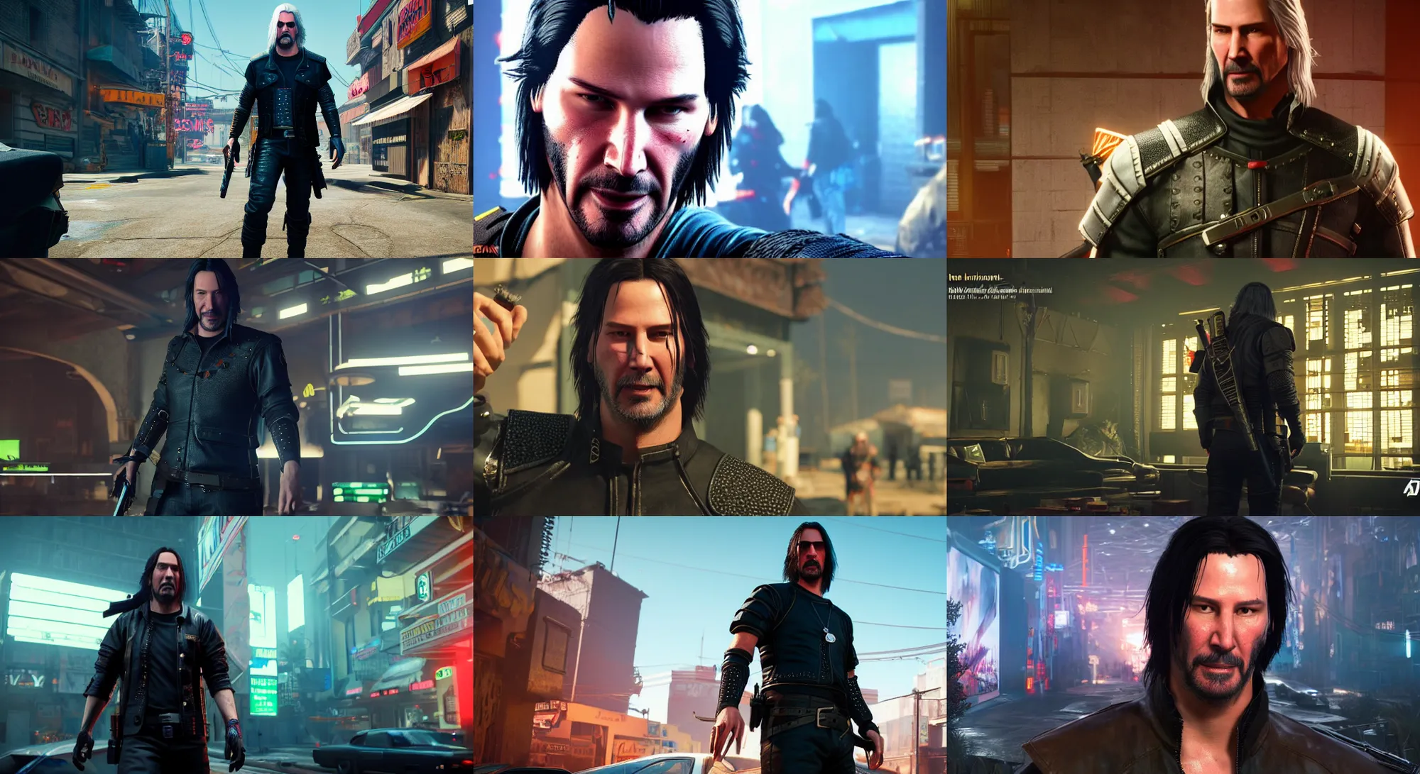 Prompt: keanu reeves as geralt of rivia, in the style of johnny silverhand, in the style of cyberpunk 2 0 7 7, unreal engine 5, 8 k, sharp and detailed