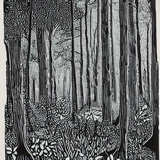 Prompt: linocut of lush forest, amazing art, highly detailed, masterpiece