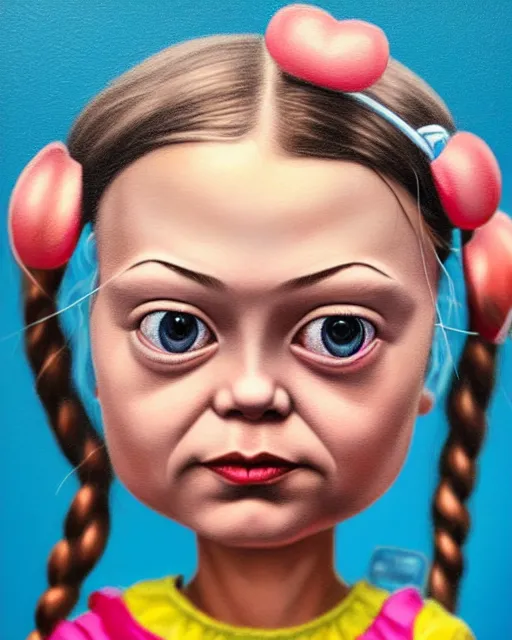 Image similar to closeup face profile portrait of a tin toy greta thunberg as a bikini girl, hyper realistic, artstation, illustration, nicoletta ceccoli, mark ryden, lostfish, max fleischer, digital paint, matte paint, vivid colors, dark, sinister, detailed and intricate environment