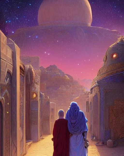 Image similar to bedouin man and woman and child in galaxy walking towards mosque surrounded by nebula, highly detailed, gold filigree, romantic storybook fantasy, soft cinematic lighting, award, disney concept art watercolor illustration by mandy jurgens and alphonse mucha and alena aenami, pastel color palette, featured on artstation