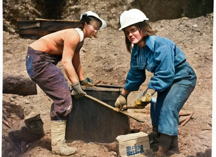 Image similar to 90's professional color photograph, A very muscular miner woman at work