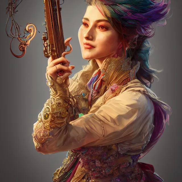 Prompt: the portrait of chaotic neutral semi - colorful smirking female bard assassin as absurdly beautiful, gorgeous, elegant, young woman looking down, an ultrafine hyperdetailed illustration by kim jung gi, irakli nadar, intricate linework, bright colors, octopath traveler, final fantasy, unreal engine 5 highly rendered, global illumination, radiant light, detailed and intricate environment