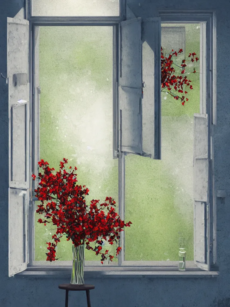 Image similar to a single old house window with a vase of red flowers with view to a sunrise, blue wall, a wooden chair near the window, concept art, octane render, unreal engine 5, trending on deviantart, highly detailed, high quality, hd, digital painting, masterpiece, geometric, symmetrical, low contrast, beautiful, high coherence, natural lighting, intense lighting