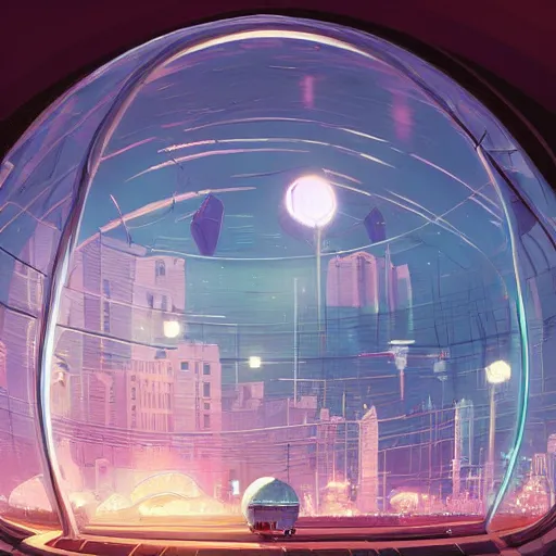 Image similar to A city trapped in a giant transparent dome, bubbles, cinematic lighting, insanely detailed, intricate, artstation, cgsociety, painted by Simon Stalenhag, concept art, illustration, sharp focus,