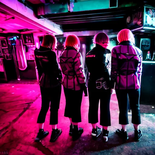 Image similar to photograph of a retro techwear group of women loitering near the bar of a packed busy rundown nightclub, retrofuturism, brutalism, cyberpunk, sigma 85mm f/1.4, 15mm, 35mm, long exposure, 4k, high resolution, 4k, 8k, hd, wide angle lens, highly detailed, full color, harsh light and shadow