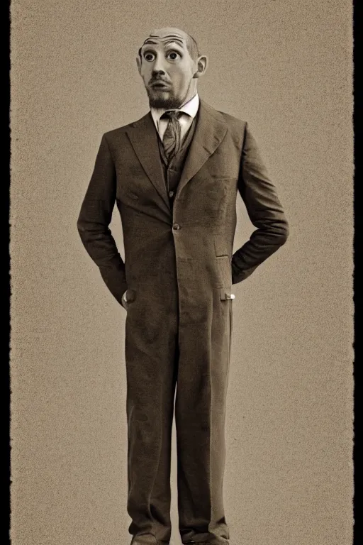 Image similar to octopus headed man, vintage full body portrait of an octopus headed man in a suit, sepia