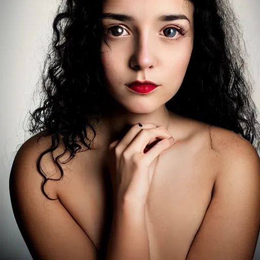 Prompt: canon photo portrait of a young lady with curly black hair with smal tattoo on neck, round face, thin lips, big brown eyes