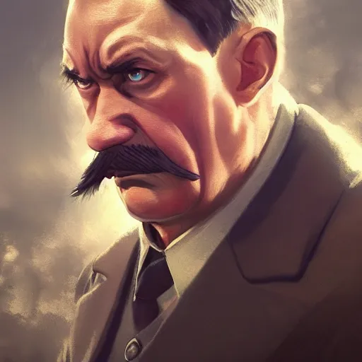 Image similar to a film still portrait of angry hitler, finely detailed features, cinematic lighting, anime key visual, trending on pixiv fanbox, painted by greg rutkowski, wlop, makoto shinkai, studio ghibli