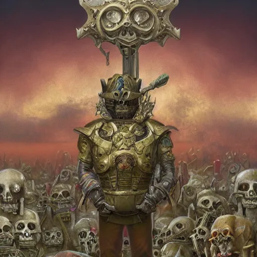 Image similar to anthropomorphic shiba inu, bismuth metal armor, anthropomorphic shiba inu, standing, cementary of skulls, fantasy 3 d render, masterpiece, red aura, by donato giancola and greg rutkowski and wayne barlow and zdzisław beksinski, realistic face