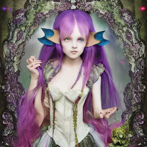 Image similar to Ethereal, mysterious stunning maximalist mesmerizing elven girl with elf ears from the rainbow sky paradise, high-tech, Victorian gothic lolita fashion, by Mark Ryden, artgerm, Hiroyuki-Mitsume Takahashi, WLOP, Goto Fujita, 奈良美智, Pixiv 3DCG, DAZ Studio, highly detailed, photorealistic, 8k resolution 3D, cinematic, dynamic lighting, octane render