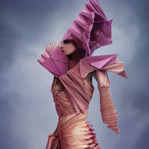 Image similar to 3 / 4 view of a beautiful girl wearing an origami dress, ground - level medium shot, elegant, by eiko ishioka, givenchy, philippe druillet, by peter mohrbacher, centered, fresh colors, origami, fashion, detailed illustration, vogue, high depth of field, japanese, reallusion character creator