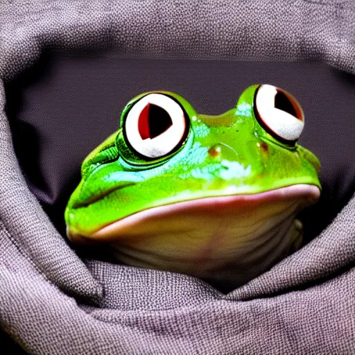 Image similar to a funny picture of a happy frog peeking out of a jacket pocket, 4K