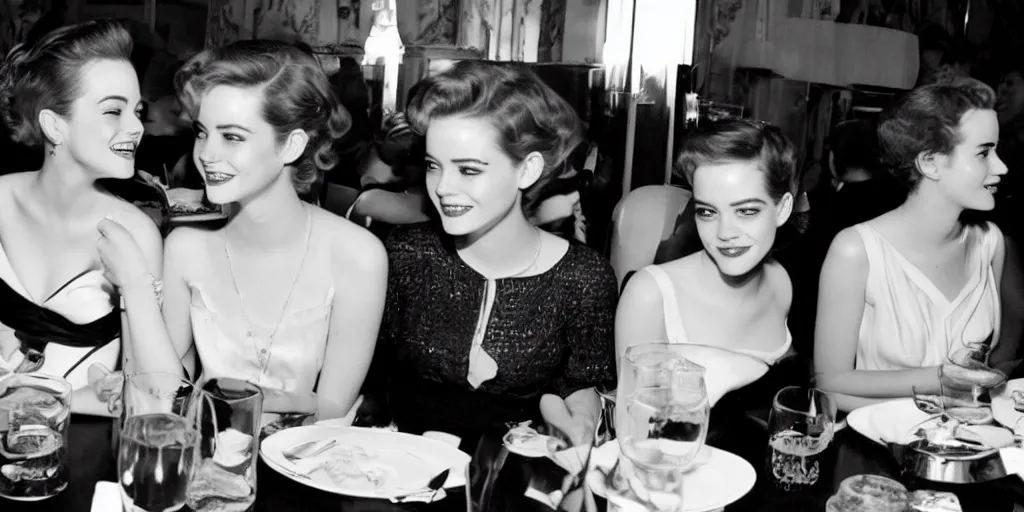 Image similar to b & w photo of emma stone and emma watson having dinner in the 1 9 5 0 s,