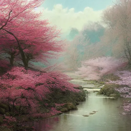 Prompt: detailed concept art of a beautiful winding river during spring with cherry blossom trees, artstation, award - winning realistic concept art by jim burns and greg rutkowski, beksinski, a concept art masterpiece, red color palette, james gilleard, bruegel, alphonse mucha, and yoshitaka amano.