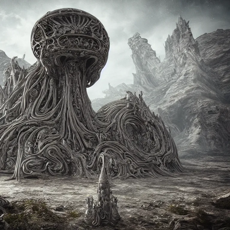 Prompt: old vintage photo of surreal alien extraterrestrial temple on exoplanet beautiful detailed intricate insanely detailed 3D render digital art by Giger, octane render, unreal engine 5, 8K artistic photography, photorealistic