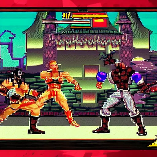 Image similar to a screenshot from gameplay from a new 2 d mortal kombat game using digitzed graphics in the style of retro 1 6 - bit midway arcade games