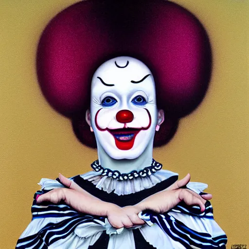 Prompt: Portrait of a female birthday clown, painted by Trevor Brown