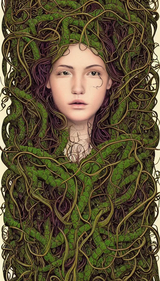 Image similar to very detailed portrait of a 2 0 years old girl surrounded by tentacles, the youg woman visage is blooming from fractal and vines, by andre francois