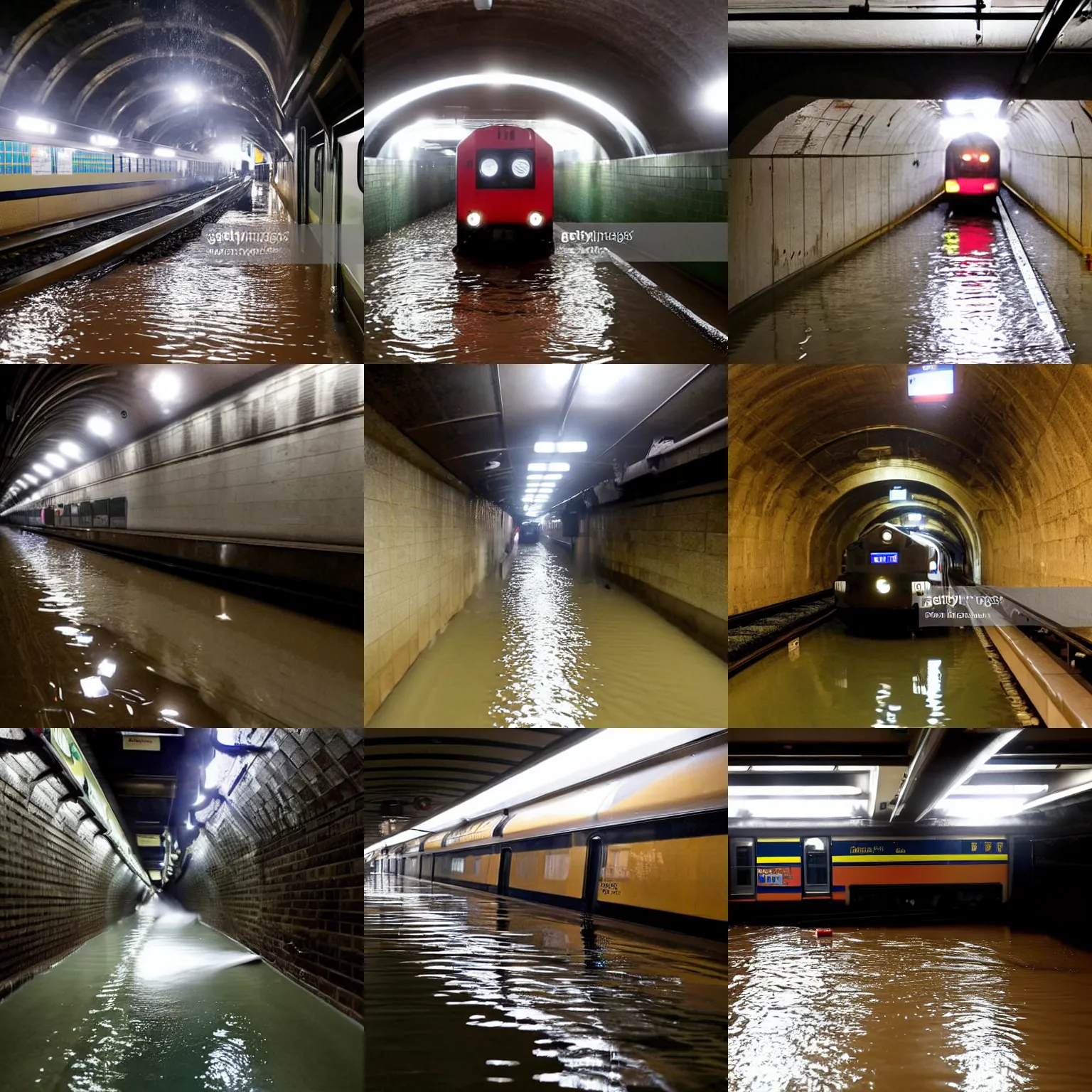 Prompt: a train in high floodwater filling a tunnel, water pouring off the platform in a underground subway station, associated press photo, stock photo