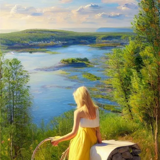 Prompt: blonde woman watching over the swedish countryside, archipelago, masterpiece, highly detailed, beautiful, atmospheric, impressionism, painting by Vladimir Volegov