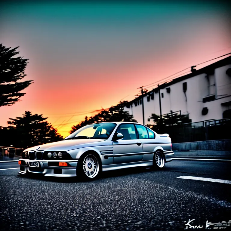 Image similar to close-up-photo BMW E36 middle of street, sunset kanagawa prefecture, night, cinematic color, photorealistic, highly detailed,