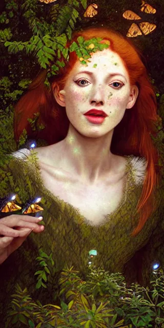 Image similar to infp young woman, smiling amazed, golden fireflies lights, full covering intricate detailed dress, amidst nature, long red hair, precise linework, accurate green eyes, small nose with freckles, oval shape face, realistic, expressive emotions, dramatic lights, hyper realistic ultrafine art by artemisia gentileschi, caravaggio, jessica rossier, boris vallejo