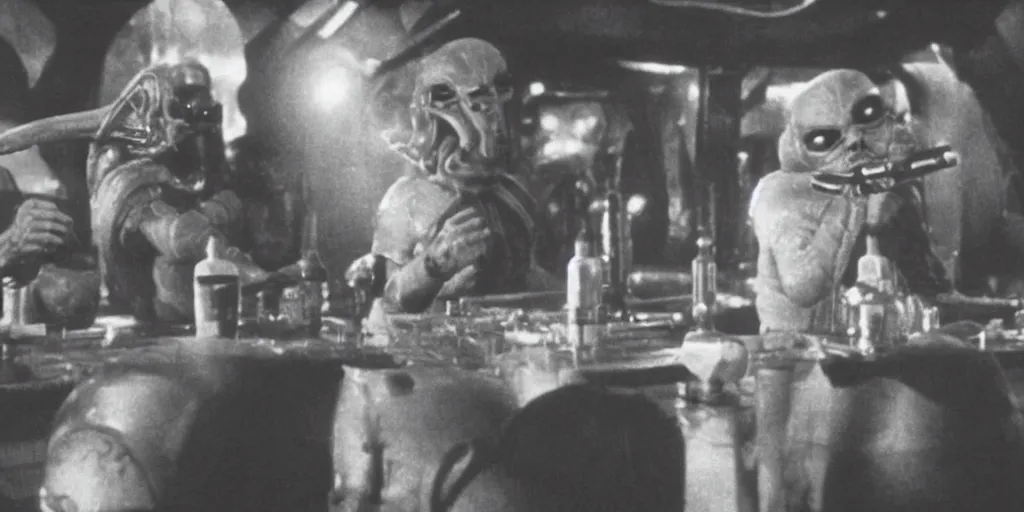 Image similar to a film still from two Mos Eisley cantina aliens having a drink in Star Wars (1977). dimly-lit tavern.