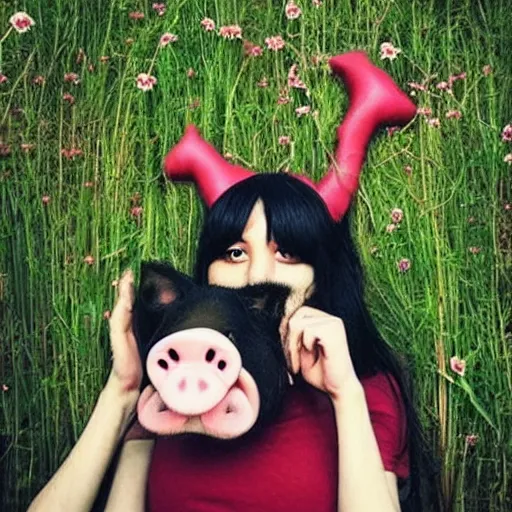 Prompt: “a tall emo girl pig anthro with a pig’s head, in a Japanese apartment, grass and weeds”